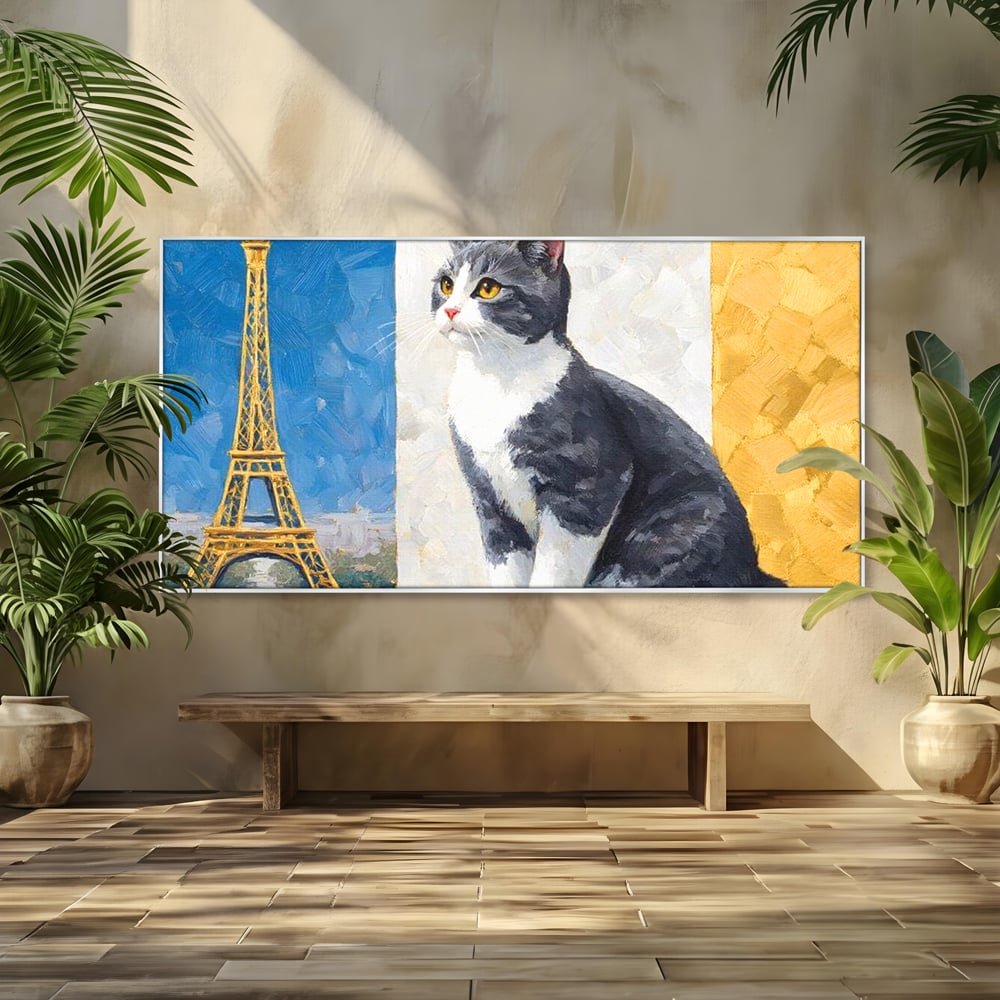 Tablou Canvas Premium, LuxCanva® M1219, Ecou Parizian, Panorama, Pictura, Pisica, Turnul Eiffel, Paris, Calatorie, Cadru, Urban, Rafinament, Decorativ, Birou, Living, Camera Copil