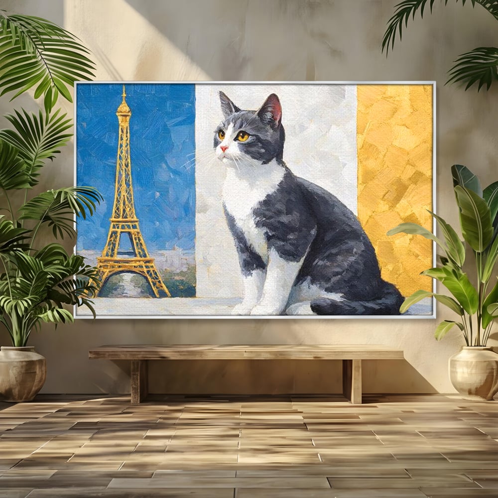 Tablou Canvas Premium, LuxCanva® M1219, Ecou Parizian, Panorama, Pictura, Pisica, Turnul Eiffel, Paris, Calatorie, Cadru, Urban, Rafinament, Decorativ, Birou, Living, Camera Copil