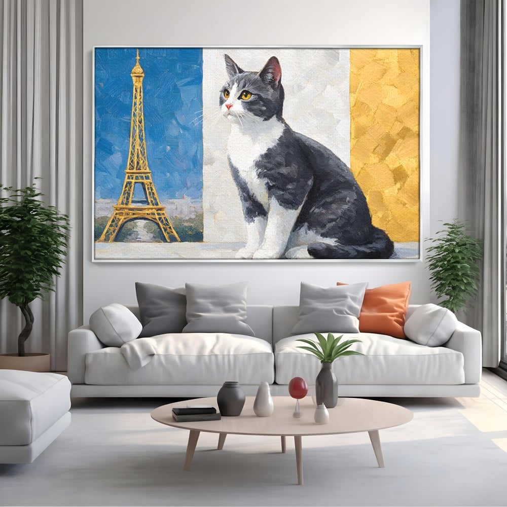 Tablou Canvas Premium, LuxCanva® M1219, Ecou Parizian, Panorama, Pictura, Pisica, Turnul Eiffel, Paris, Calatorie, Cadru, Urban, Rafinament, Decorativ, Birou, Living, Camera Copil