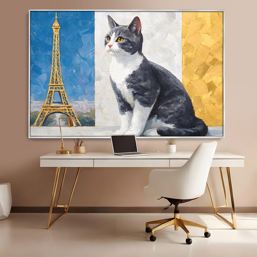 Tablou Canvas Premium, LuxCanva® M1219, Ecou Parizian, Panorama, Pictura, Pisica, Turnul Eiffel, Paris, Calatorie, Cadru, Urban, Rafinament, Decorativ, Birou, Living, Camera Copil