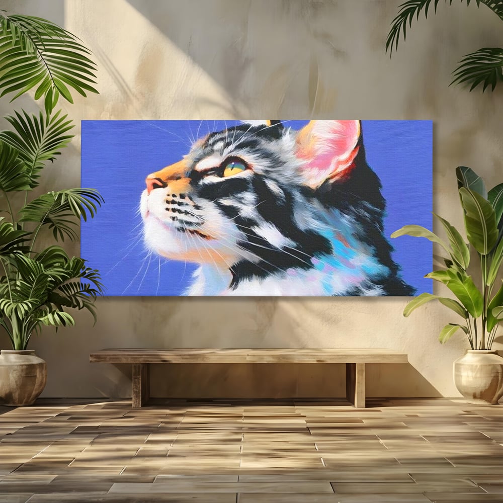 Leinwand Premium Canvas Wandbilder, LuxCanva® M1220, Warten auf die Morgendämmerung, Profil, Pastell, Porträt, Katze, Meditation, Gedanken, Blicke, hell, klar, klar, träumen, Büro, Wohnen, Kinderzimmer