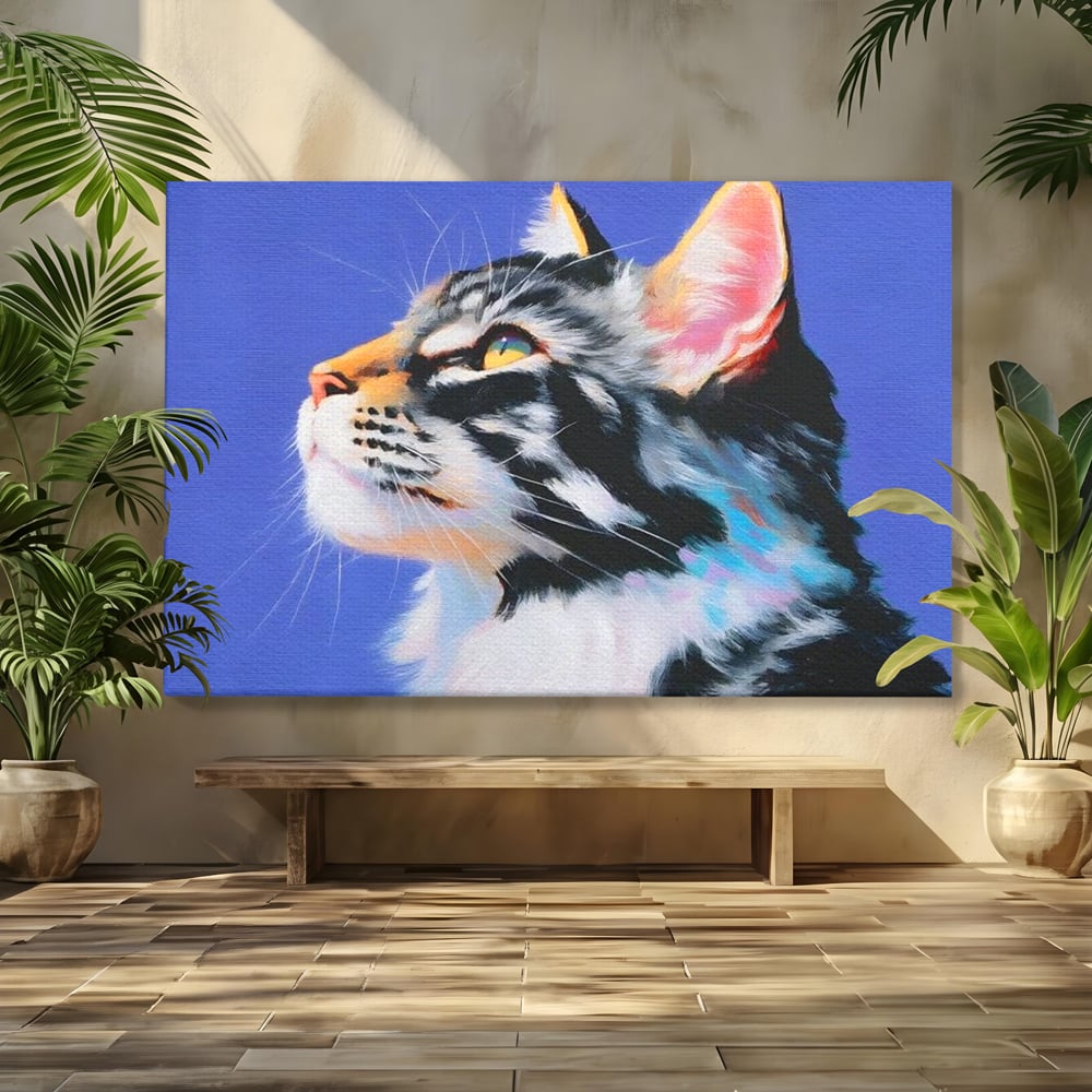 Leinwand Premium Canvas Wandbilder, LuxCanva® M1220, Warten auf die Morgendämmerung, Profil, Pastell, Porträt, Katze, Meditation, Gedanken, Blicke, hell, klar, klar, träumen, Büro, Wohnen, Kinderzimmer