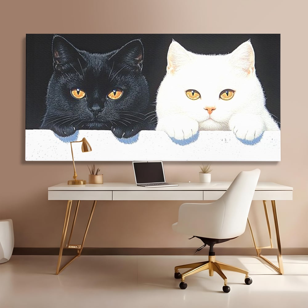 Tablou Canvas Premium, LuxCanva® M1221, Paznicii Canapelei, Pisici, Alb si Negru, Dualitate, Pereche, Blanosi, Impreuna, Adorabil, Jucaus, Armonie, Feline, Birou, Living, Camera Copil