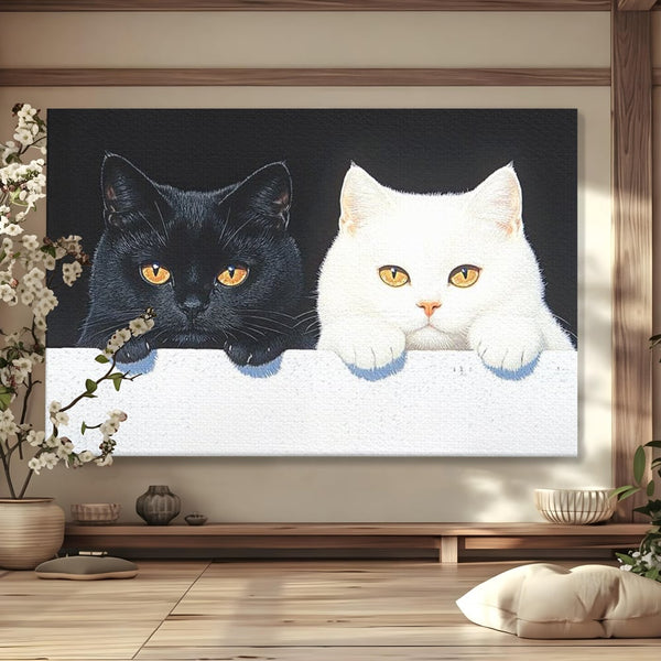 Tablou Canvas Premium, LuxCanva® M1221, Paznicii Canapelei, Pisici, Alb si Negru, Dualitate, Pereche, Blanosi, Impreuna, Adorabil, Jucaus, Armonie, Feline, Birou, Living, Camera Copil