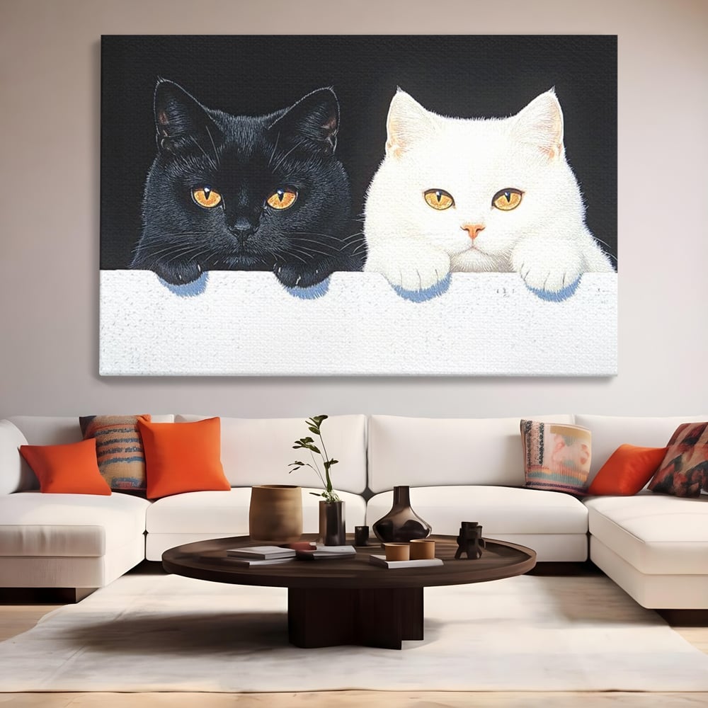 Tablou Canvas Premium, LuxCanva® M1221, Paznicii Canapelei, Pisici, Alb si Negru, Dualitate, Pereche, Blanosi, Impreuna, Adorabil, Jucaus, Armonie, Feline, Birou, Living, Camera Copil