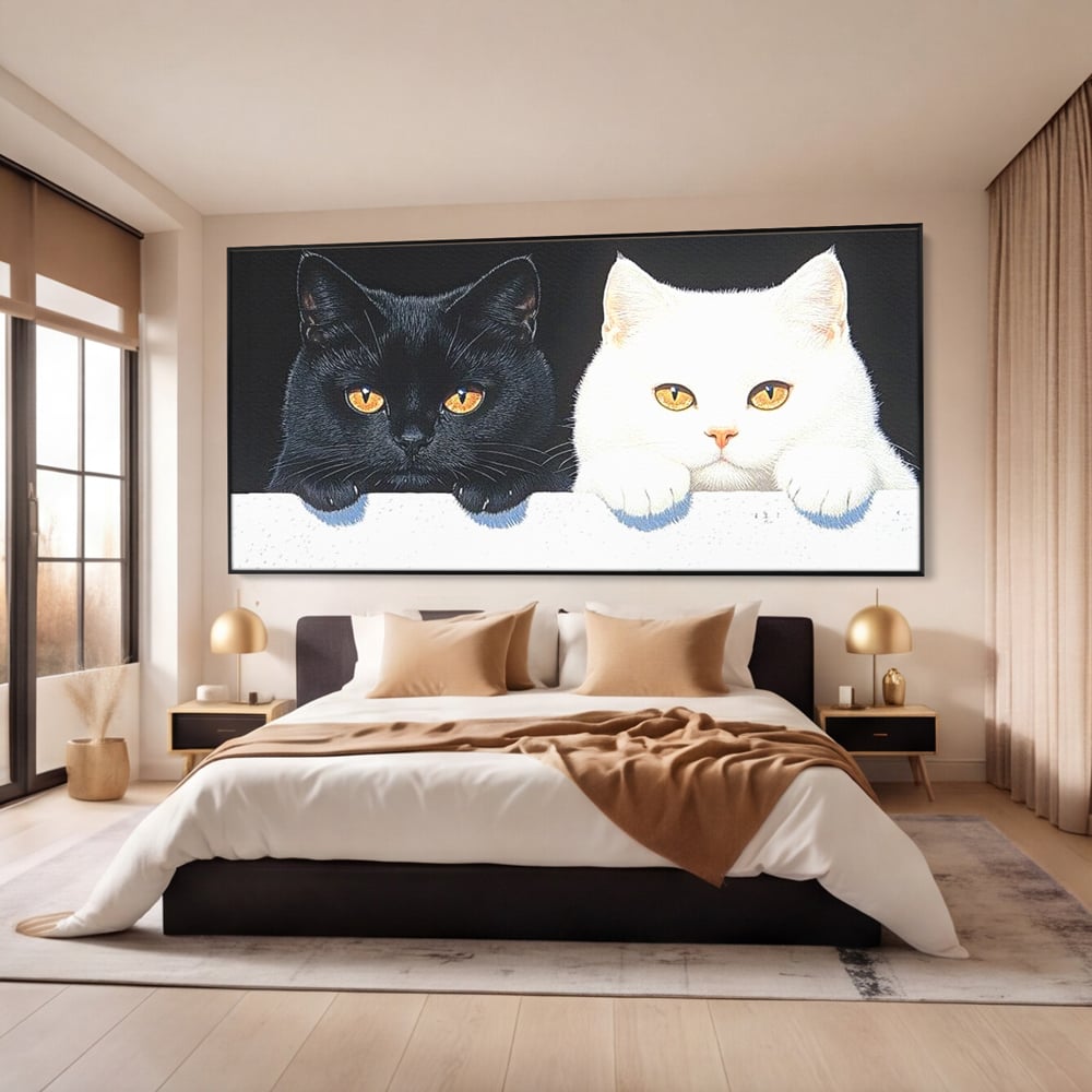 Tablou Canvas Premium, LuxCanva® M1221, Paznicii Canapelei, Pisici, Alb si Negru, Dualitate, Pereche, Blanosi, Impreuna, Adorabil, Jucaus, Armonie, Feline, Birou, Living, Camera Copil