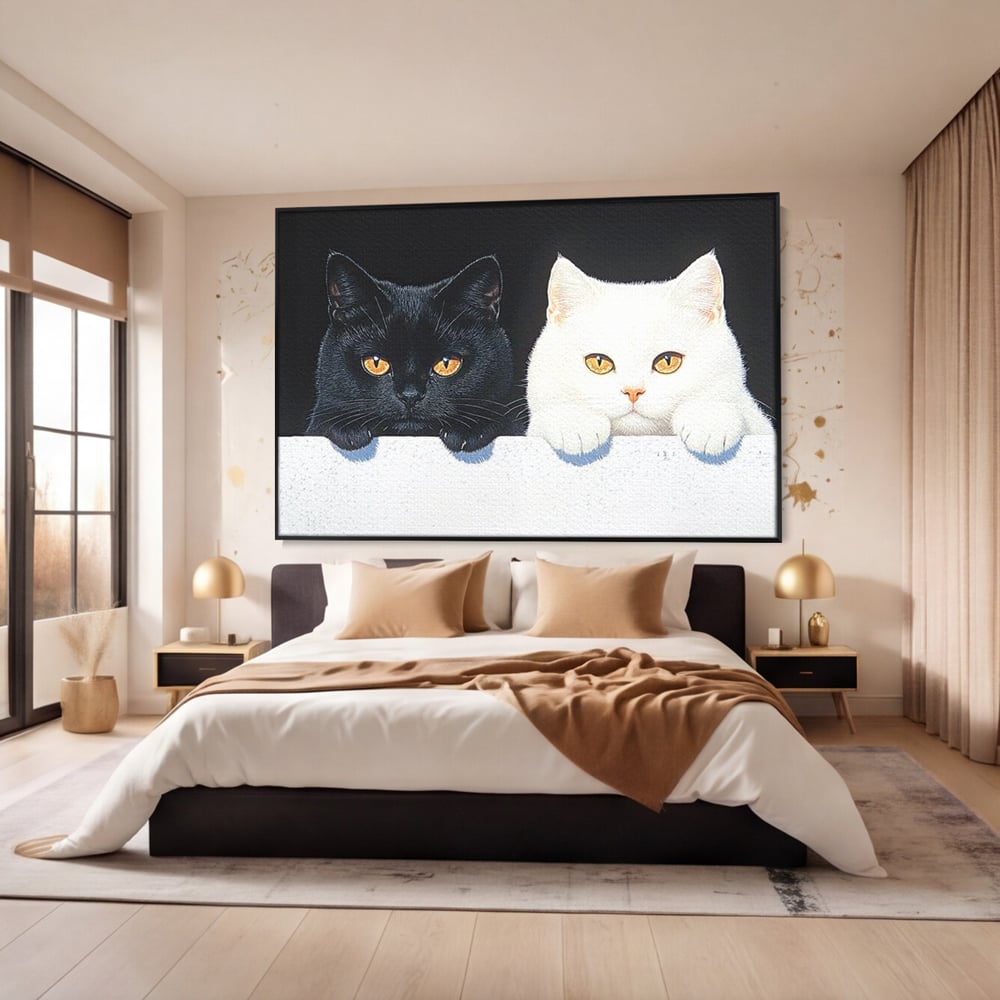 Tablou Canvas Premium, LuxCanva® M1221, Paznicii Canapelei, Pisici, Alb si Negru, Dualitate, Pereche, Blanosi, Impreuna, Adorabil, Jucaus, Armonie, Feline, Birou, Living, Camera Copil