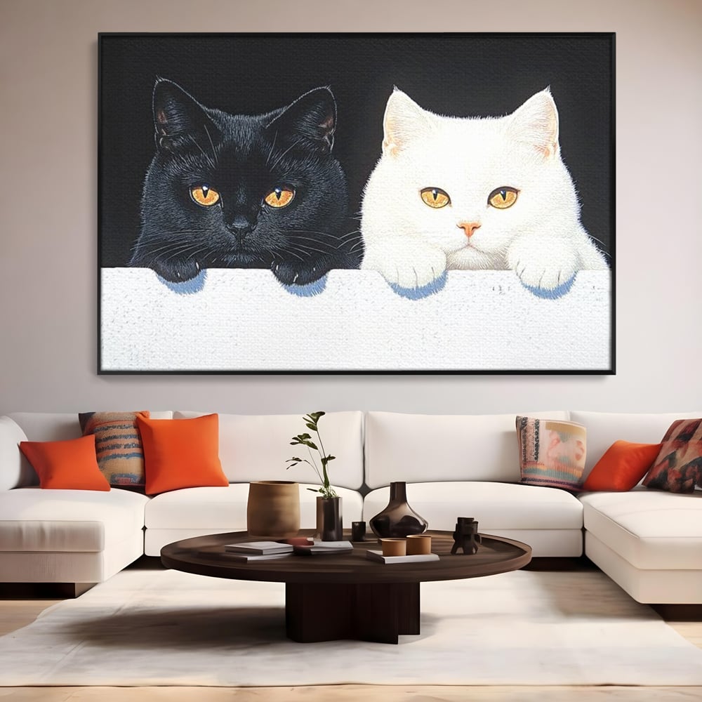 Tablou Canvas Premium, LuxCanva® M1221, Paznicii Canapelei, Pisici, Alb si Negru, Dualitate, Pereche, Blanosi, Impreuna, Adorabil, Jucaus, Armonie, Feline, Birou, Living, Camera Copil