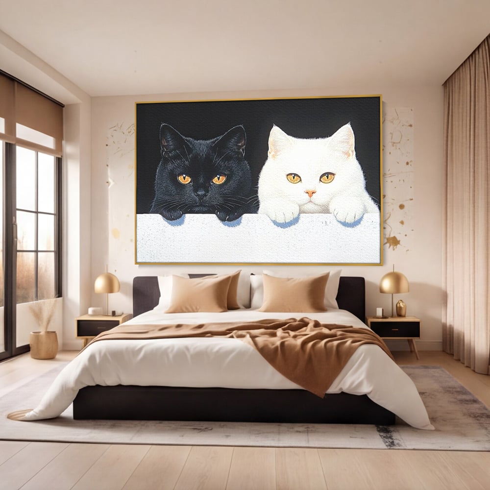 Tablou Canvas Premium, LuxCanva® M1221, Paznicii Canapelei, Pisici, Alb si Negru, Dualitate, Pereche, Blanosi, Impreuna, Adorabil, Jucaus, Armonie, Feline, Birou, Living, Camera Copil