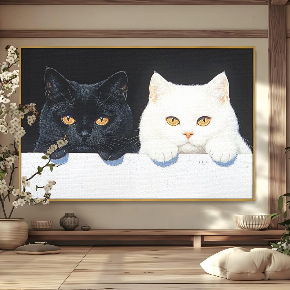 Tablou Canvas Premium, LuxCanva® M1221, Paznicii Canapelei, Pisici, Alb si Negru, Dualitate, Pereche, Blanosi, Impreuna, Adorabil, Jucaus, Armonie, Feline, Birou, Living, Camera Copil