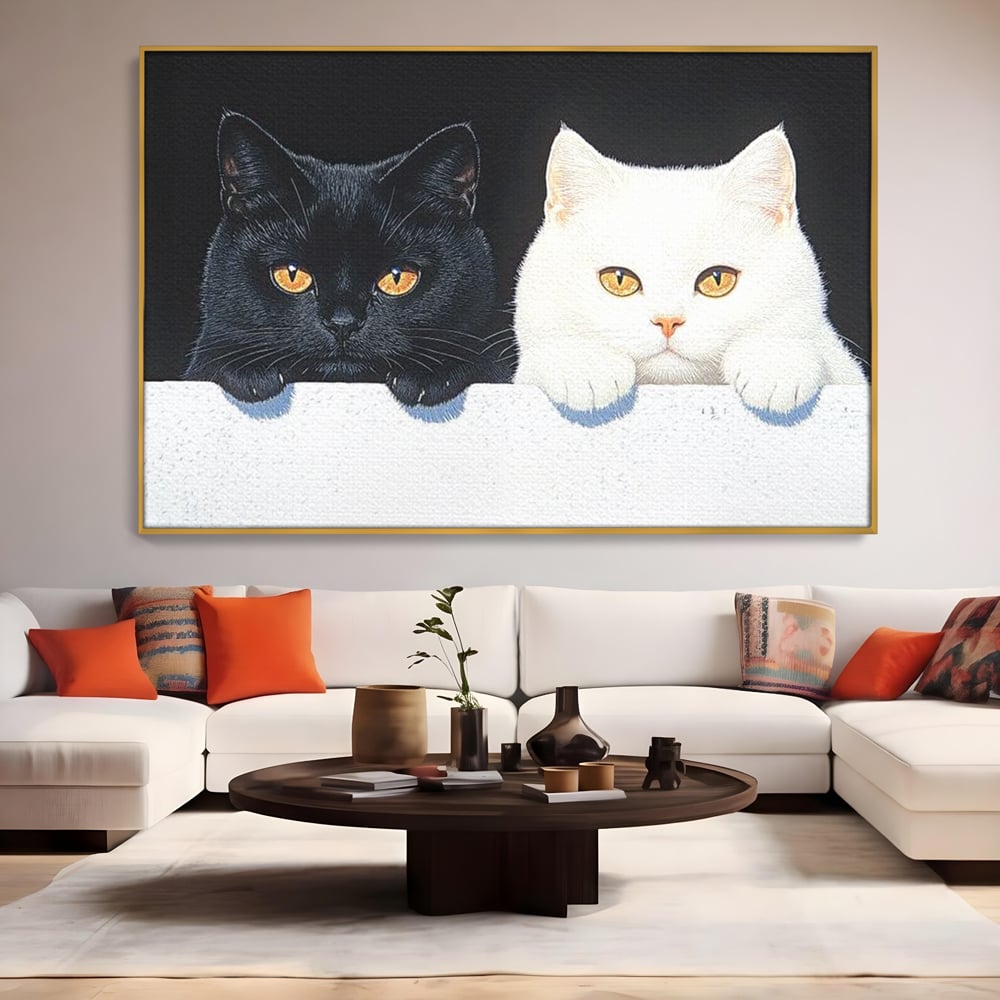 Tablou Canvas Premium, LuxCanva® M1221, Paznicii Canapelei, Pisici, Alb si Negru, Dualitate, Pereche, Blanosi, Impreuna, Adorabil, Jucaus, Armonie, Feline, Birou, Living, Camera Copil