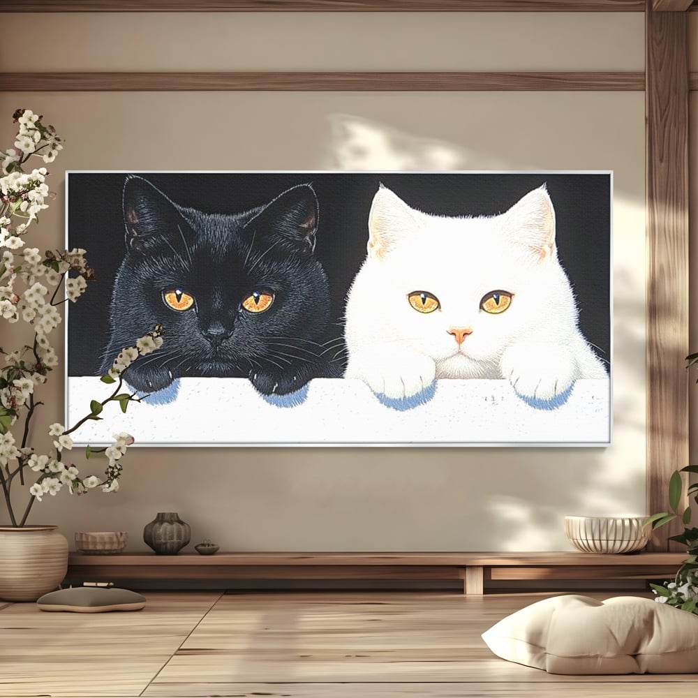 Tablou Canvas Premium, LuxCanva® M1221, Paznicii Canapelei, Pisici, Alb si Negru, Dualitate, Pereche, Blanosi, Impreuna, Adorabil, Jucaus, Armonie, Feline, Birou, Living, Camera Copil
