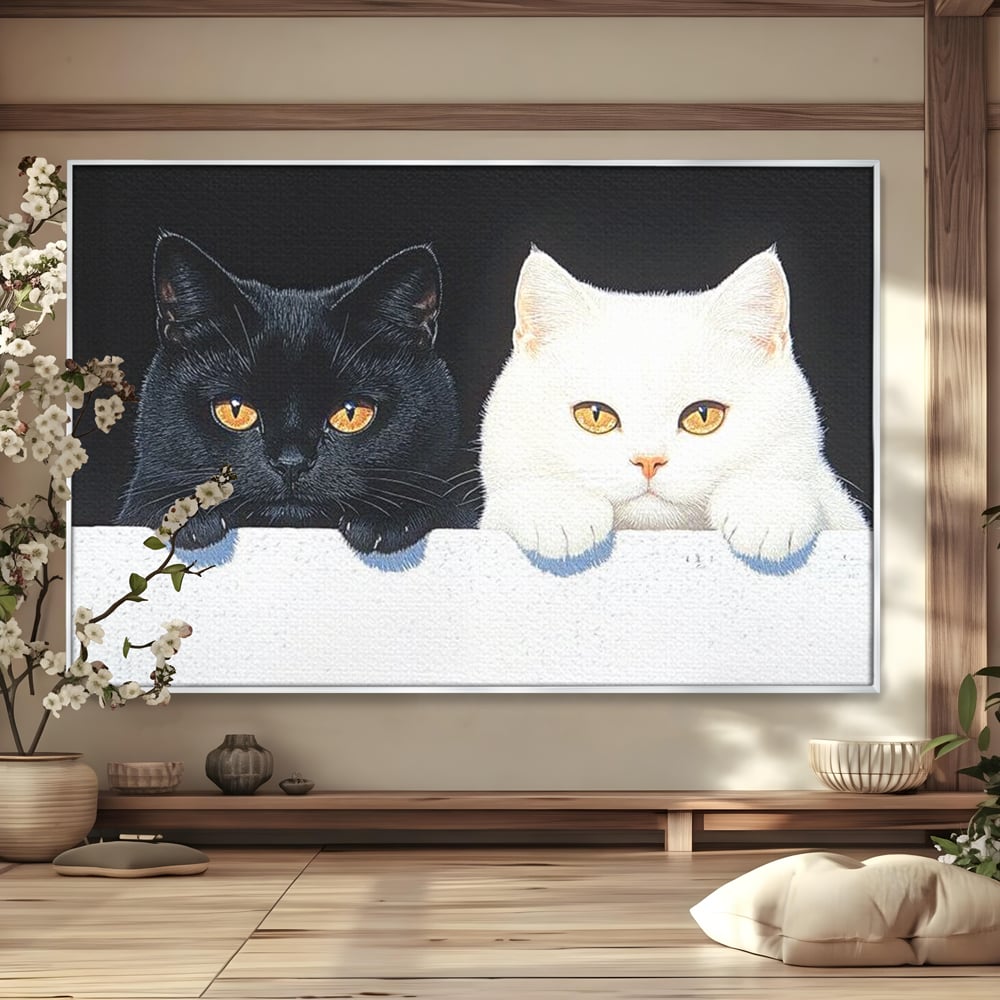 Tablou Canvas Premium, LuxCanva® M1221, Paznicii Canapelei, Pisici, Alb si Negru, Dualitate, Pereche, Blanosi, Impreuna, Adorabil, Jucaus, Armonie, Feline, Birou, Living, Camera Copil