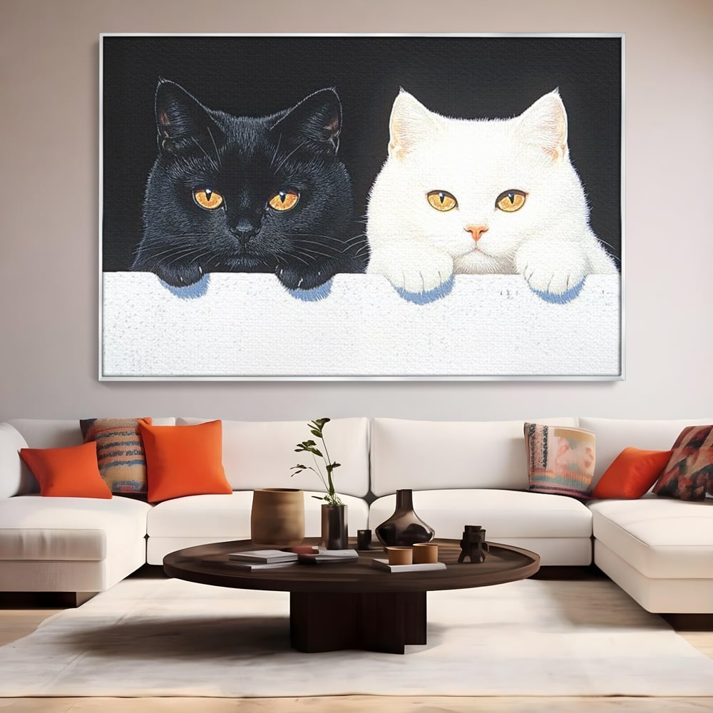 Tablou Canvas Premium, LuxCanva® M1221, Paznicii Canapelei, Pisici, Alb si Negru, Dualitate, Pereche, Blanosi, Impreuna, Adorabil, Jucaus, Armonie, Feline, Birou, Living, Camera Copil