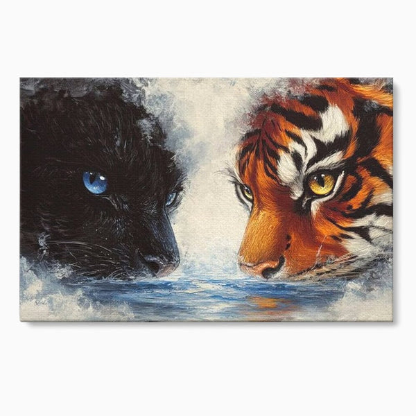 Tablou Canvas Premium, LuxCanva® M1222, Rivali in Oglinda, Pantera, Tigru, Feline, Apa, Valuri, Contrast, Reflexie, Forta, Duel, Rivalitate, Lupta, Birou, Living, Camera Copil