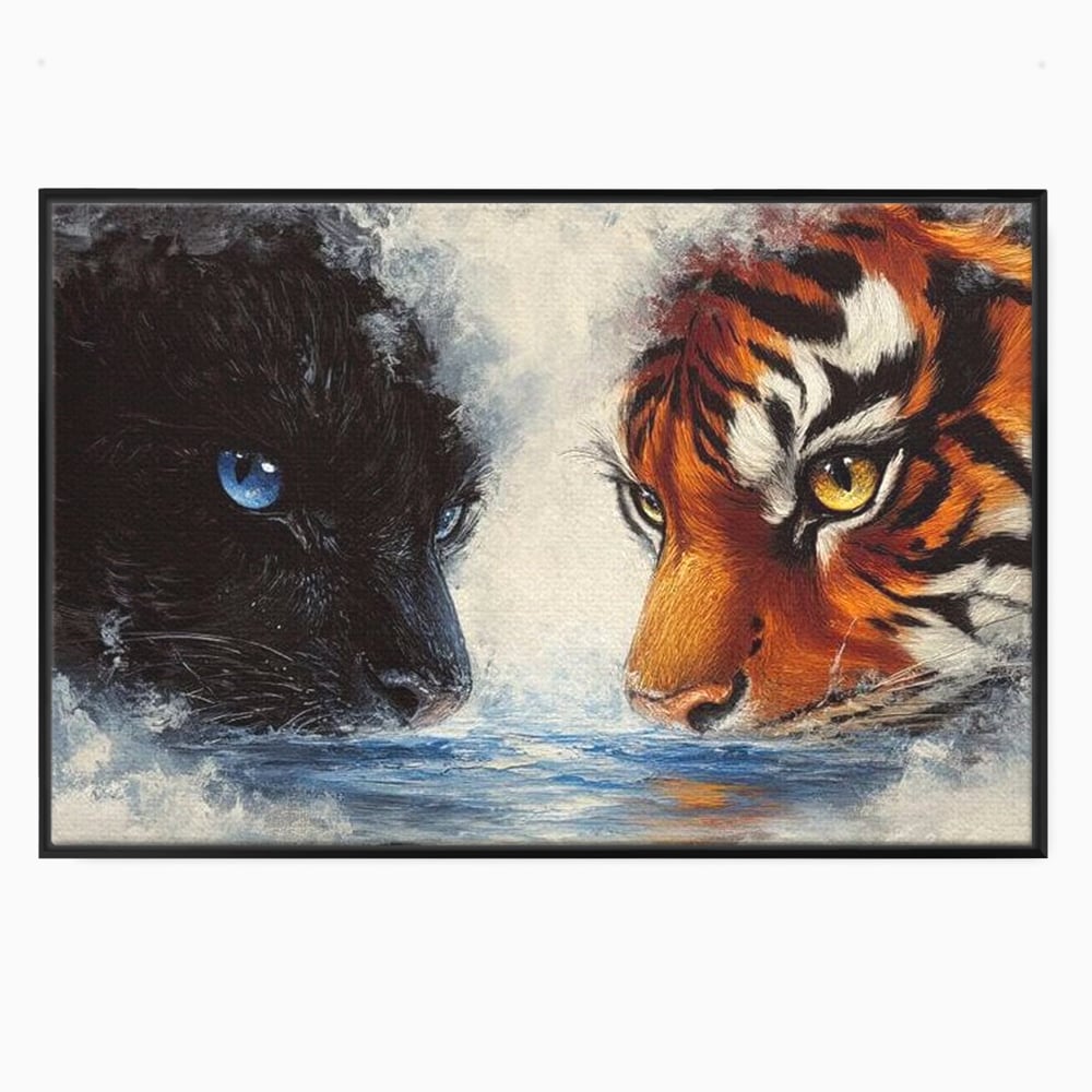 Tablou Canvas Premium, LuxCanva® M1222, Rivali in Oglinda, Pantera, Tigru, Feline, Apa, Valuri, Contrast, Reflexie, Forta, Duel, Rivalitate, Lupta, Birou, Living, Camera Copil