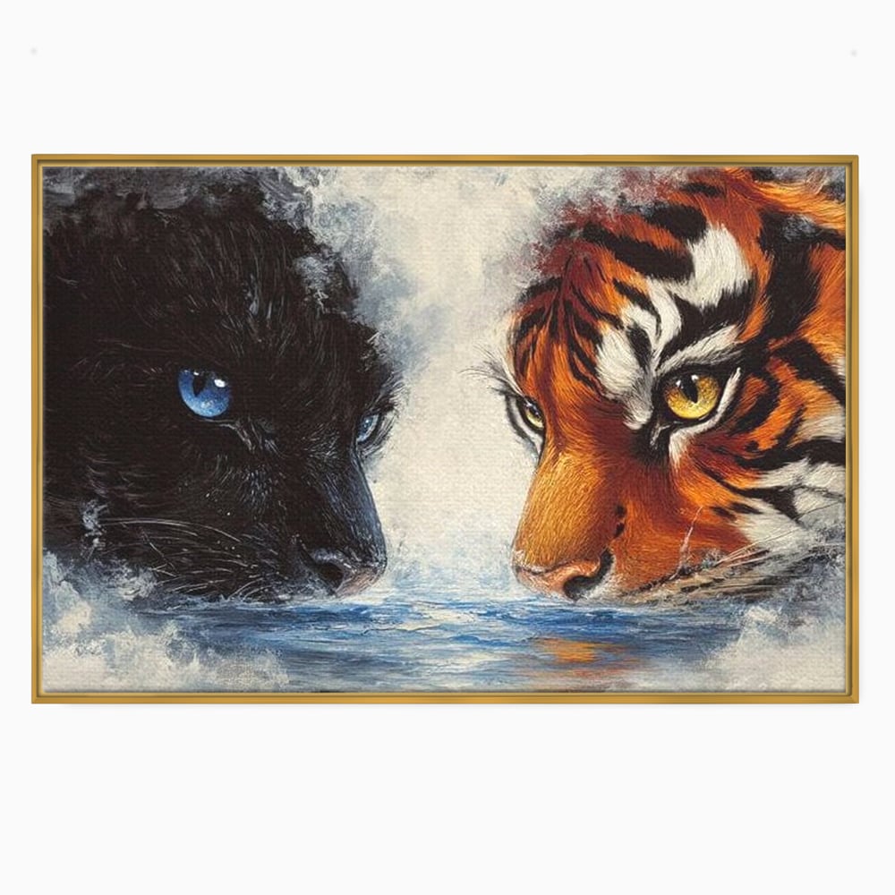 Tablou Canvas Premium, LuxCanva® M1222, Rivali in Oglinda, Pantera, Tigru, Feline, Apa, Valuri, Contrast, Reflexie, Forta, Duel, Rivalitate, Lupta, Birou, Living, Camera Copil
