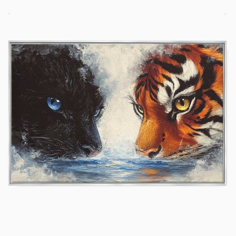 Tablou Canvas Premium, LuxCanva® M1222, Rivali in Oglinda, Pantera, Tigru, Feline, Apa, Valuri, Contrast, Reflexie, Forta, Duel, Rivalitate, Lupta, Birou, Living, Camera Copil