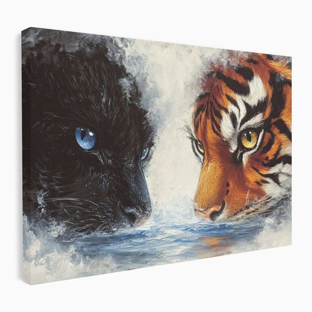 Tablou Canvas Premium, LuxCanva® M1222, Rivali in Oglinda, Pantera, Tigru, Feline, Apa, Valuri, Contrast, Reflexie, Forta, Duel, Rivalitate, Lupta, Birou, Living, Camera Copil