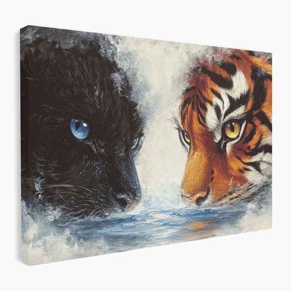 Tablou Canvas Premium, LuxCanva® M1222, Rivali in Oglinda, Pantera, Tigru, Feline, Apa, Valuri, Contrast, Reflexie, Forta, Duel, Rivalitate, Lupta, Birou, Living, Camera Copil