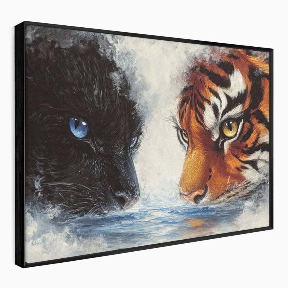 Tablou Canvas Premium, LuxCanva® M1222, Rivali in Oglinda, Pantera, Tigru, Feline, Apa, Valuri, Contrast, Reflexie, Forta, Duel, Rivalitate, Lupta, Birou, Living, Camera Copil