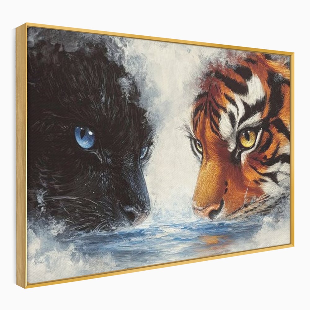 Tablou Canvas Premium, LuxCanva® M1222, Rivali in Oglinda, Pantera, Tigru, Feline, Apa, Valuri, Contrast, Reflexie, Forta, Duel, Rivalitate, Lupta, Birou, Living, Camera Copil