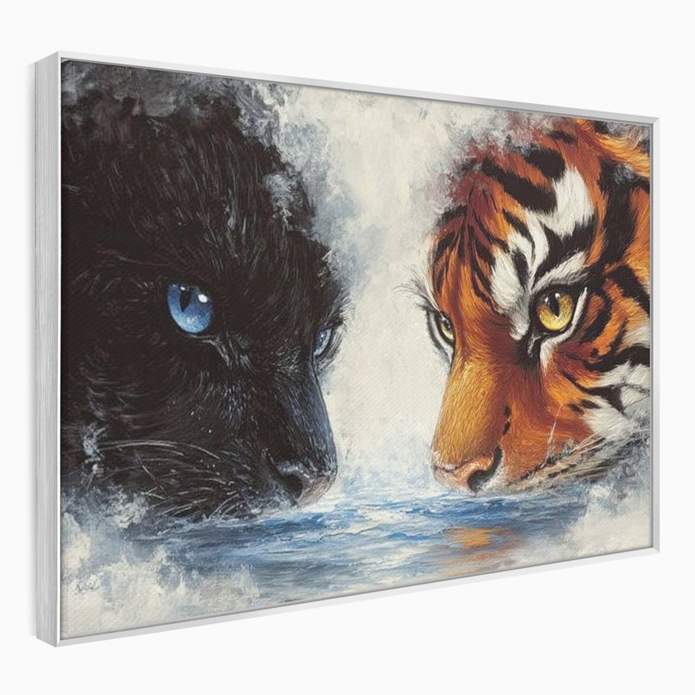 Tablou Canvas Premium, LuxCanva® M1222, Rivali in Oglinda, Pantera, Tigru, Feline, Apa, Valuri, Contrast, Reflexie, Forta, Duel, Rivalitate, Lupta, Birou, Living, Camera Copil