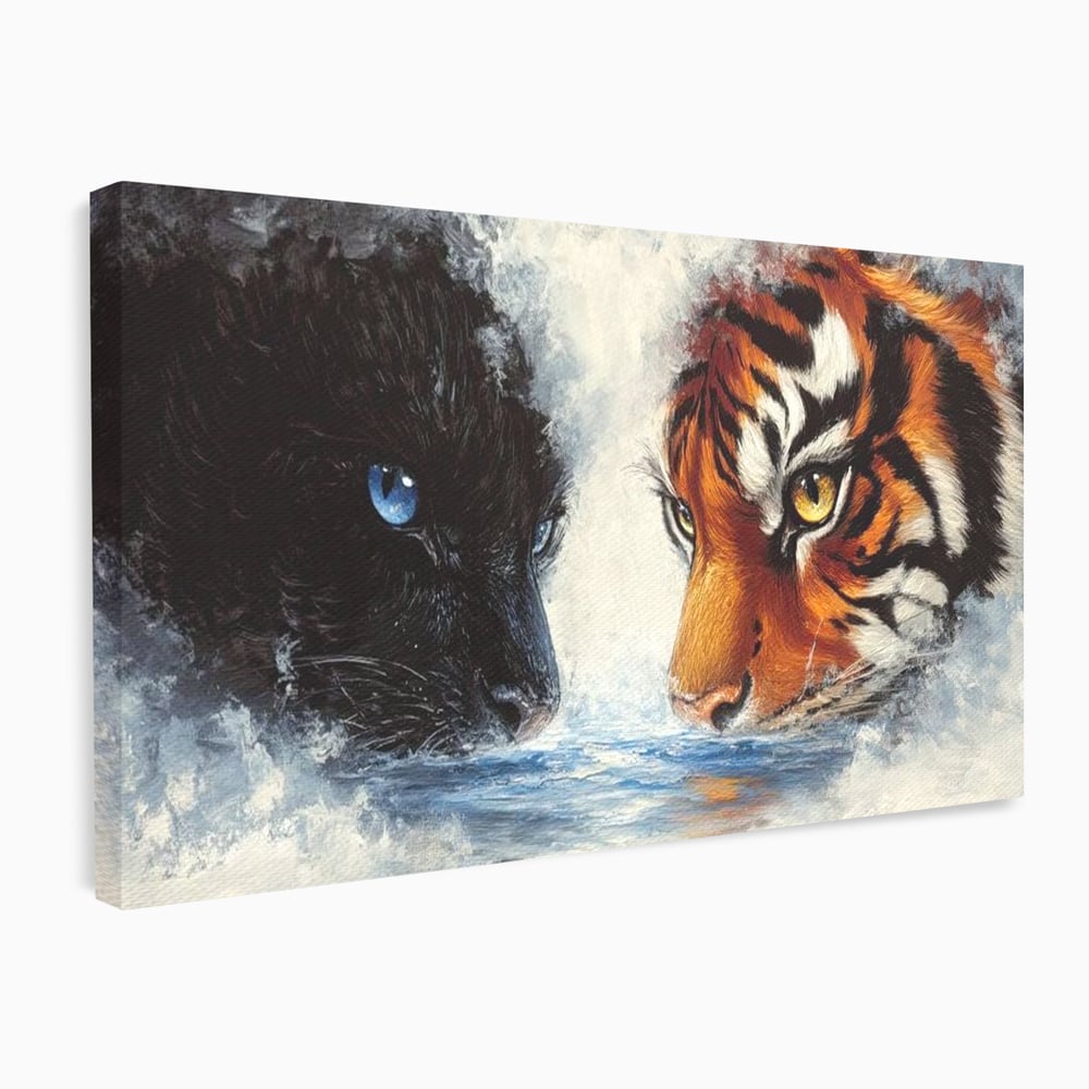 Tablou Canvas Premium, LuxCanva® M1222, Rivali in Oglinda, Pantera, Tigru, Feline, Apa, Valuri, Contrast, Reflexie, Forta, Duel, Rivalitate, Lupta, Birou, Living, Camera Copil