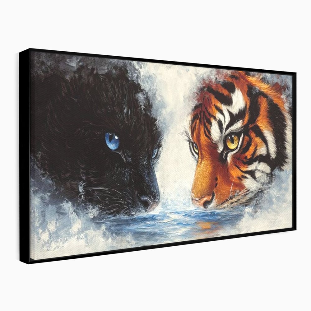 Tablou Canvas Premium, LuxCanva® M1222, Rivali in Oglinda, Pantera, Tigru, Feline, Apa, Valuri, Contrast, Reflexie, Forta, Duel, Rivalitate, Lupta, Birou, Living, Camera Copil