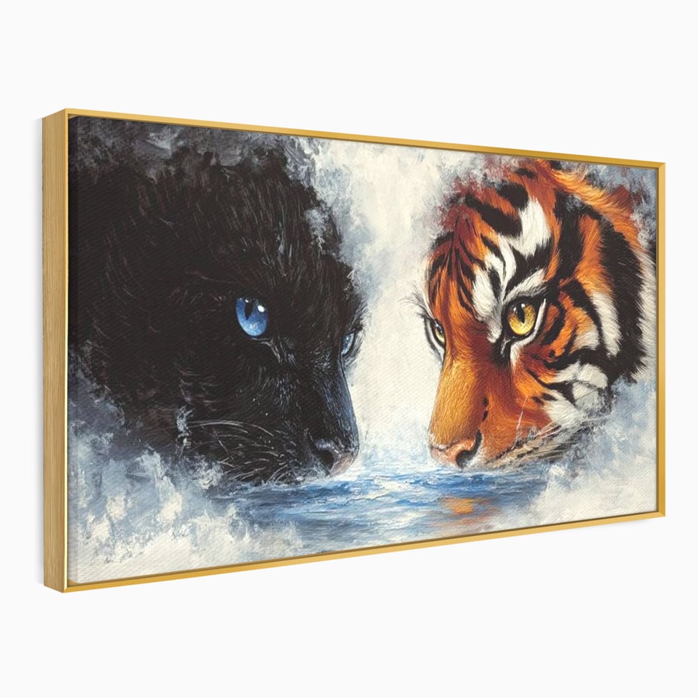 Tablou Canvas Premium, LuxCanva® M1222, Rivali in Oglinda, Pantera, Tigru, Feline, Apa, Valuri, Contrast, Reflexie, Forta, Duel, Rivalitate, Lupta, Birou, Living, Camera Copil