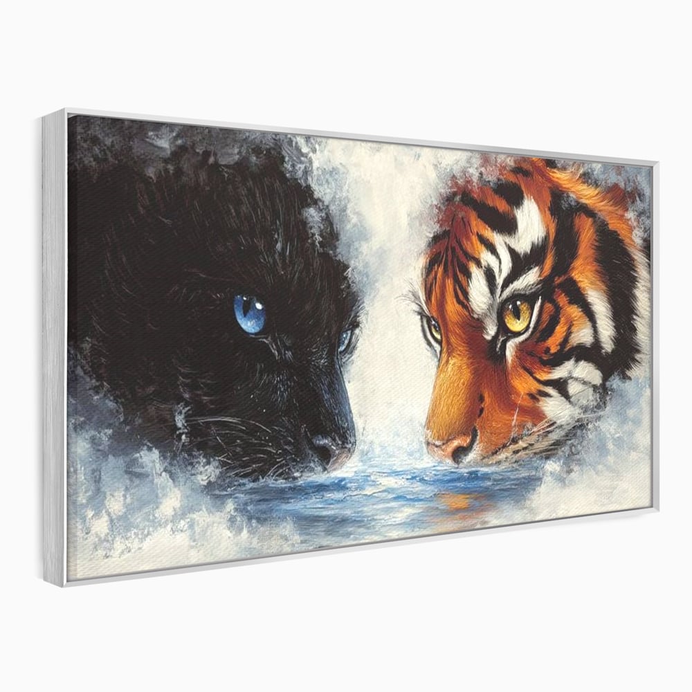 Tablou Canvas Premium, LuxCanva® M1222, Rivali in Oglinda, Pantera, Tigru, Feline, Apa, Valuri, Contrast, Reflexie, Forta, Duel, Rivalitate, Lupta, Birou, Living, Camera Copil