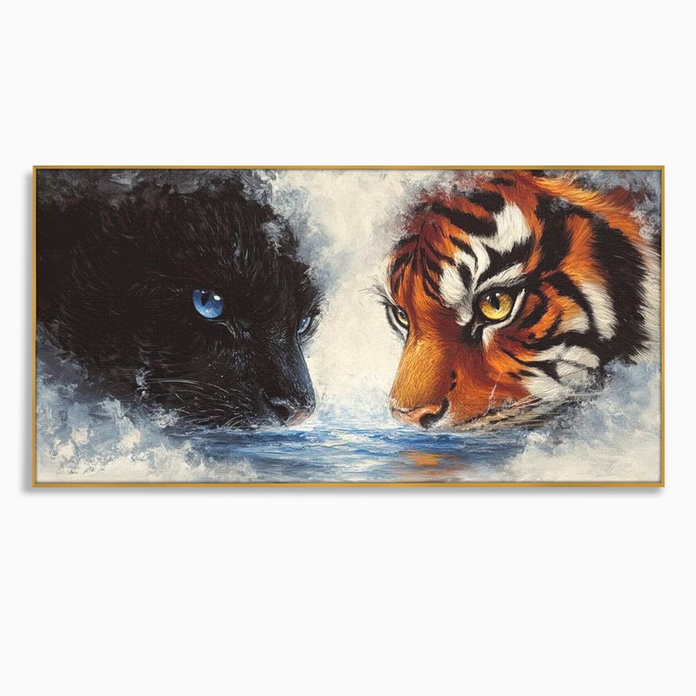 Tablou Canvas Premium, LuxCanva® M1222, Rivali in Oglinda, Pantera, Tigru, Feline, Apa, Valuri, Contrast, Reflexie, Forta, Duel, Rivalitate, Lupta, Birou, Living, Camera Copil