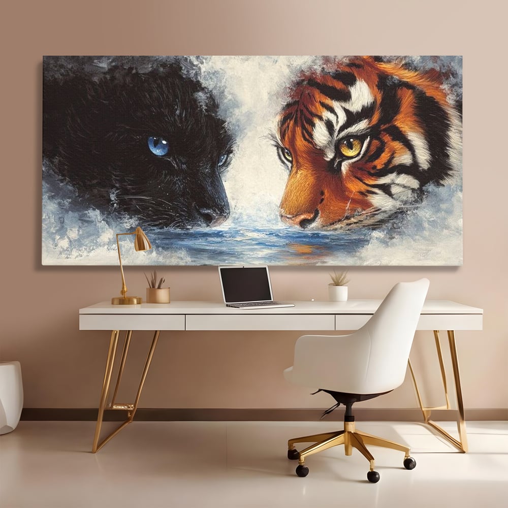 Tablou Canvas Premium, LuxCanva® M1222, Rivali in Oglinda, Pantera, Tigru, Feline, Apa, Valuri, Contrast, Reflexie, Forta, Duel, Rivalitate, Lupta, Birou, Living, Camera Copil