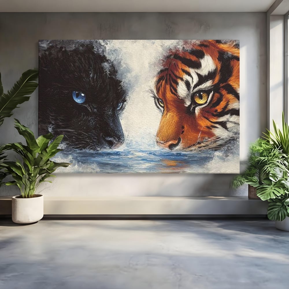 Tablou Canvas Premium, LuxCanva® M1222, Rivali in Oglinda, Pantera, Tigru, Feline, Apa, Valuri, Contrast, Reflexie, Forta, Duel, Rivalitate, Lupta, Birou, Living, Camera Copil