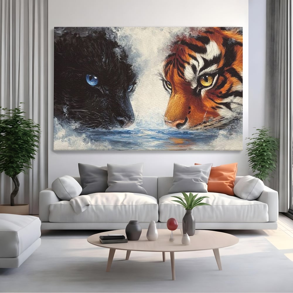 Tablou Canvas Premium, LuxCanva® M1222, Rivali in Oglinda, Pantera, Tigru, Feline, Apa, Valuri, Contrast, Reflexie, Forta, Duel, Rivalitate, Lupta, Birou, Living, Camera Copil