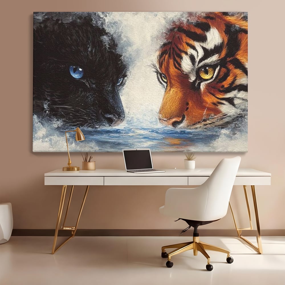 Tablou Canvas Premium, LuxCanva® M1222, Rivali in Oglinda, Pantera, Tigru, Feline, Apa, Valuri, Contrast, Reflexie, Forta, Duel, Rivalitate, Lupta, Birou, Living, Camera Copil
