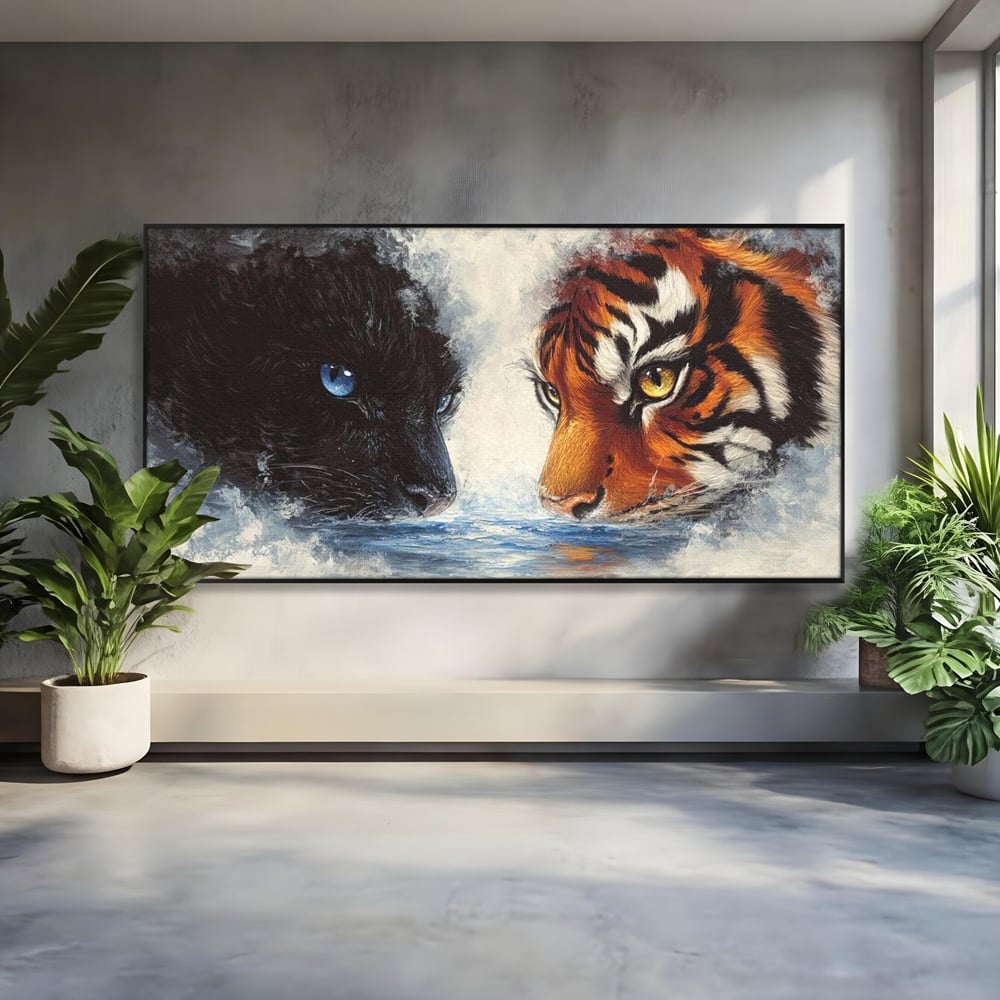 Tablou Canvas Premium, LuxCanva® M1222, Rivali in Oglinda, Pantera, Tigru, Feline, Apa, Valuri, Contrast, Reflexie, Forta, Duel, Rivalitate, Lupta, Birou, Living, Camera Copil