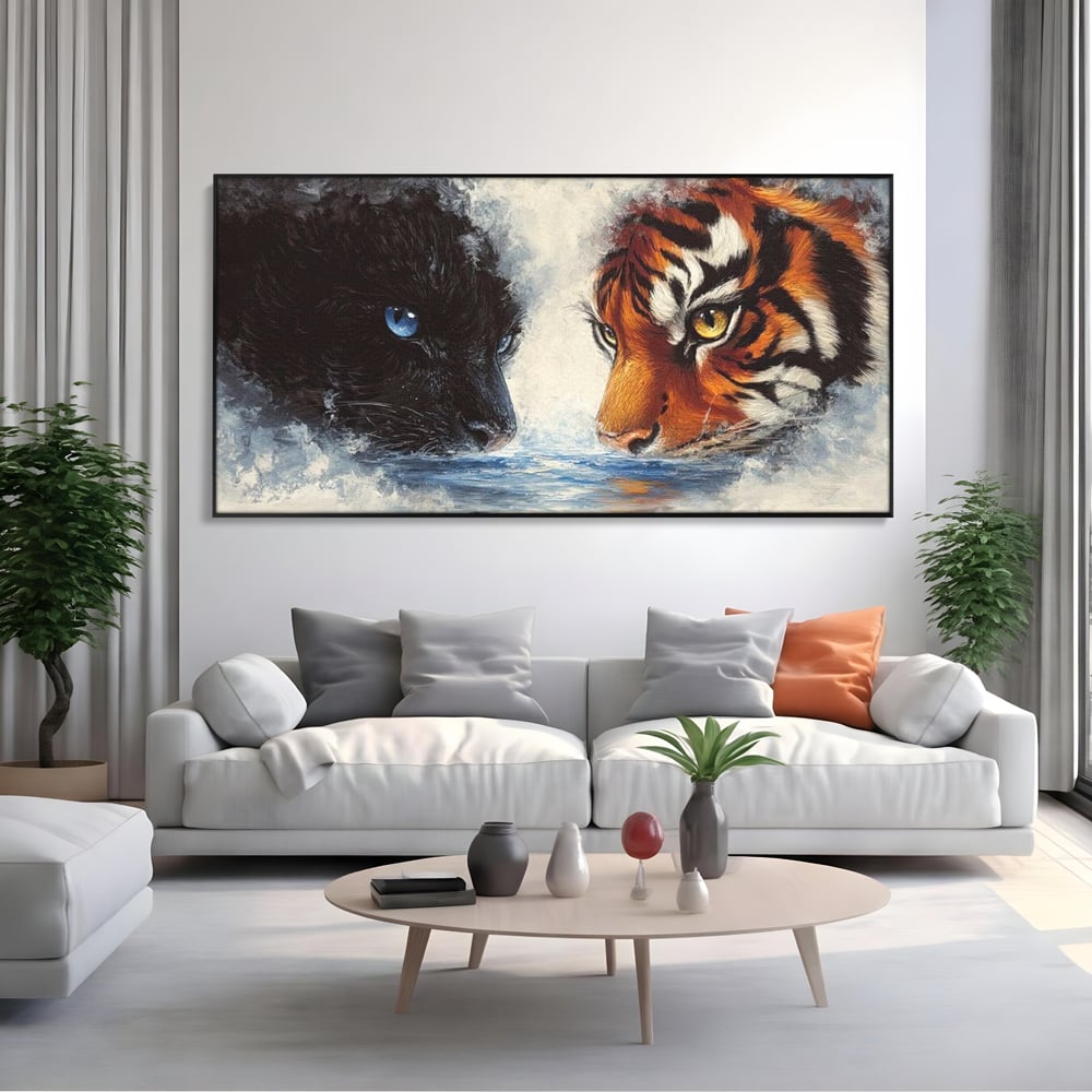 Tablou Canvas Premium, LuxCanva® M1222, Rivali in Oglinda, Pantera, Tigru, Feline, Apa, Valuri, Contrast, Reflexie, Forta, Duel, Rivalitate, Lupta, Birou, Living, Camera Copil