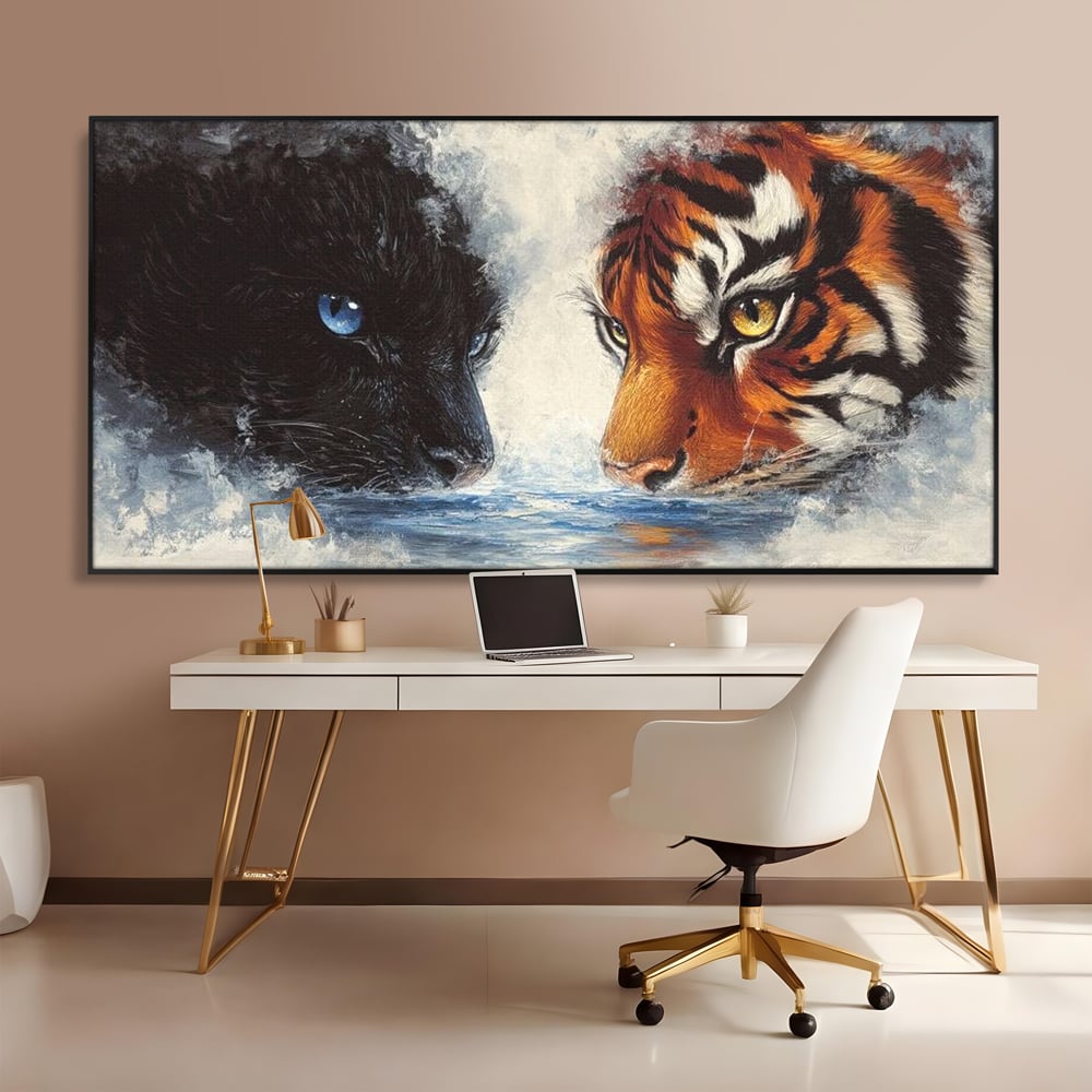 Tablou Canvas Premium, LuxCanva® M1222, Rivali in Oglinda, Pantera, Tigru, Feline, Apa, Valuri, Contrast, Reflexie, Forta, Duel, Rivalitate, Lupta, Birou, Living, Camera Copil