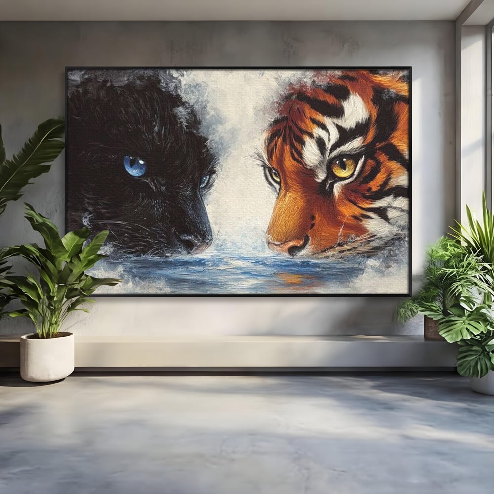 Tablou Canvas Premium, LuxCanva® M1222, Rivali in Oglinda, Pantera, Tigru, Feline, Apa, Valuri, Contrast, Reflexie, Forta, Duel, Rivalitate, Lupta, Birou, Living, Camera Copil