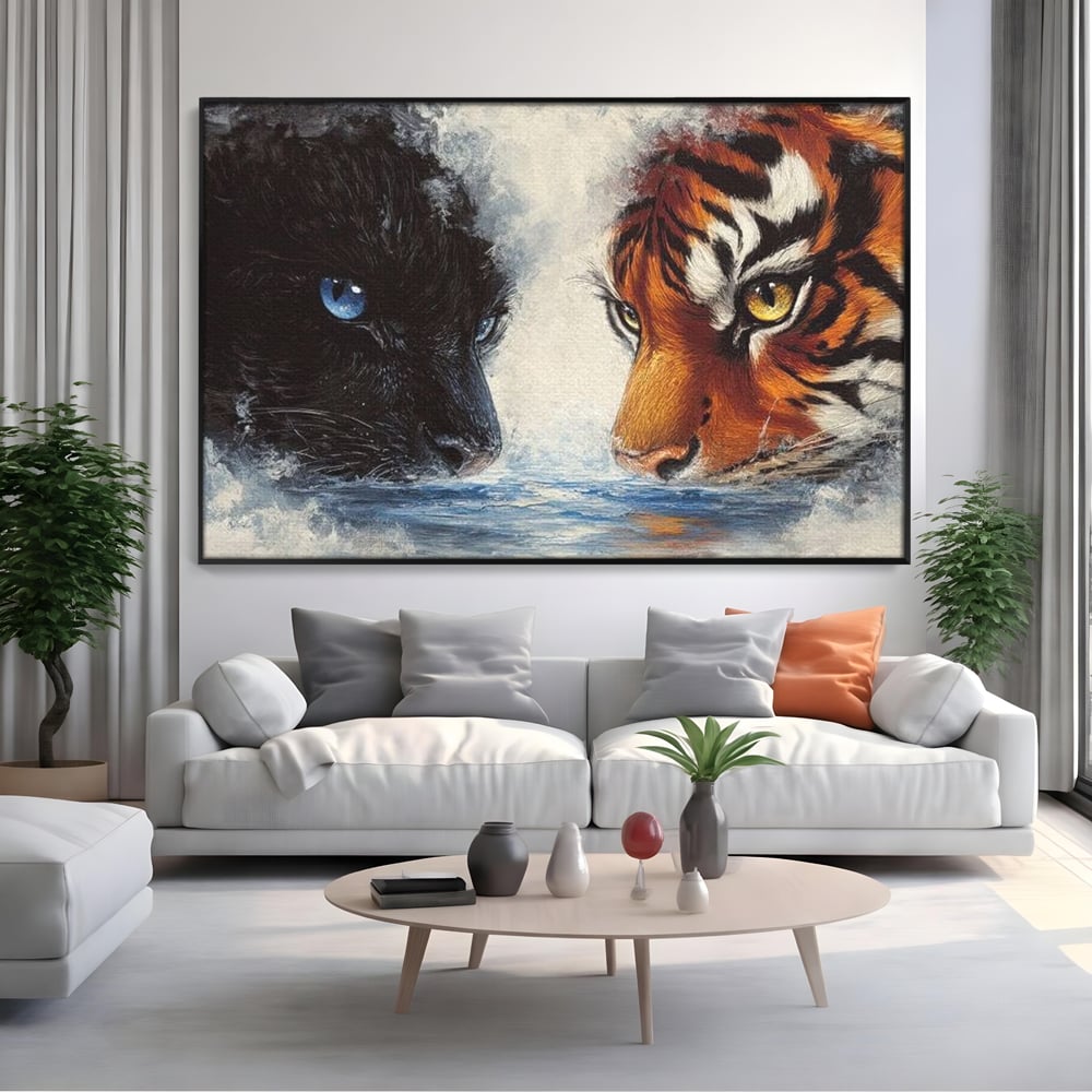 Tablou Canvas Premium, LuxCanva® M1222, Rivali in Oglinda, Pantera, Tigru, Feline, Apa, Valuri, Contrast, Reflexie, Forta, Duel, Rivalitate, Lupta, Birou, Living, Camera Copil