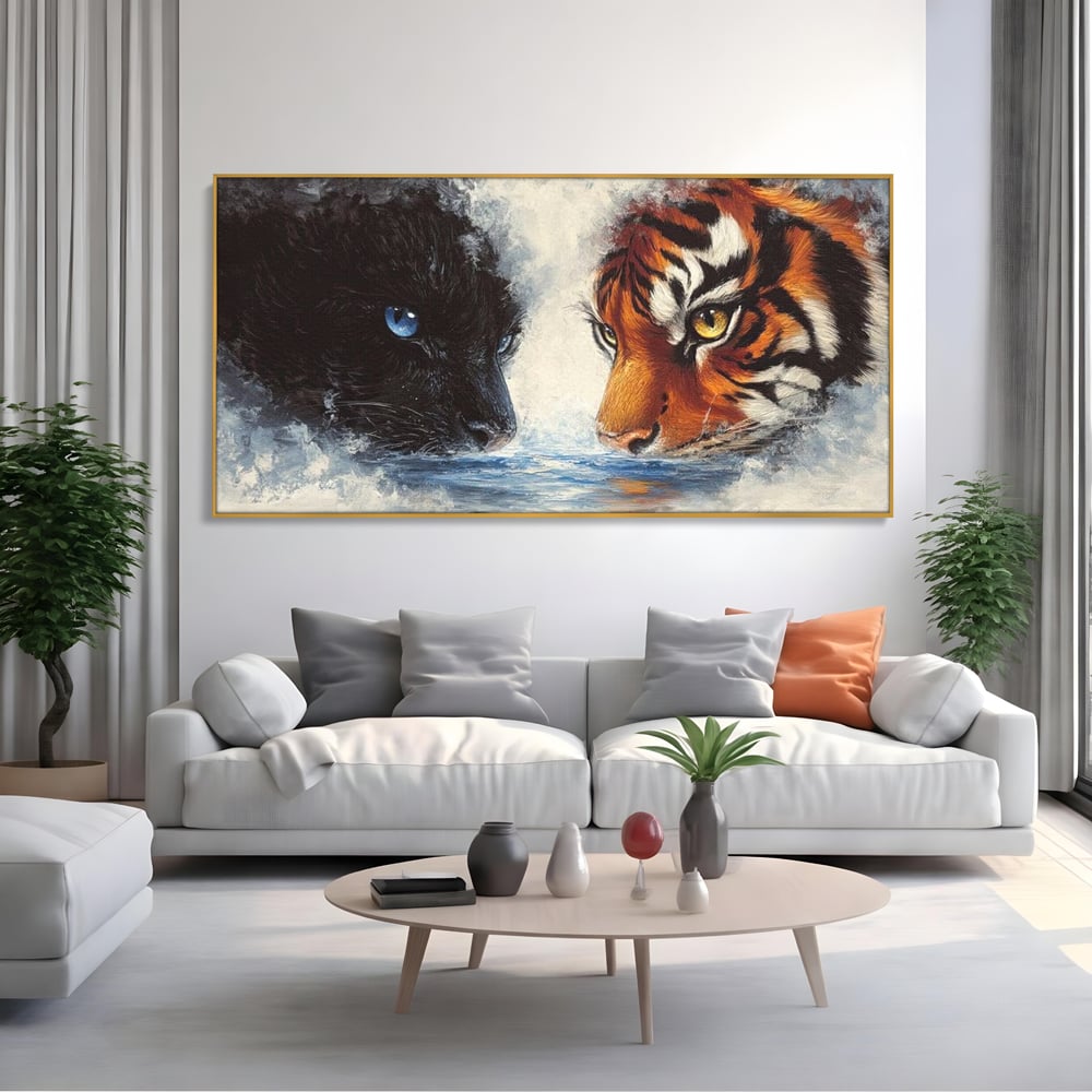 Tablou Canvas Premium, LuxCanva® M1222, Rivali in Oglinda, Pantera, Tigru, Feline, Apa, Valuri, Contrast, Reflexie, Forta, Duel, Rivalitate, Lupta, Birou, Living, Camera Copil
