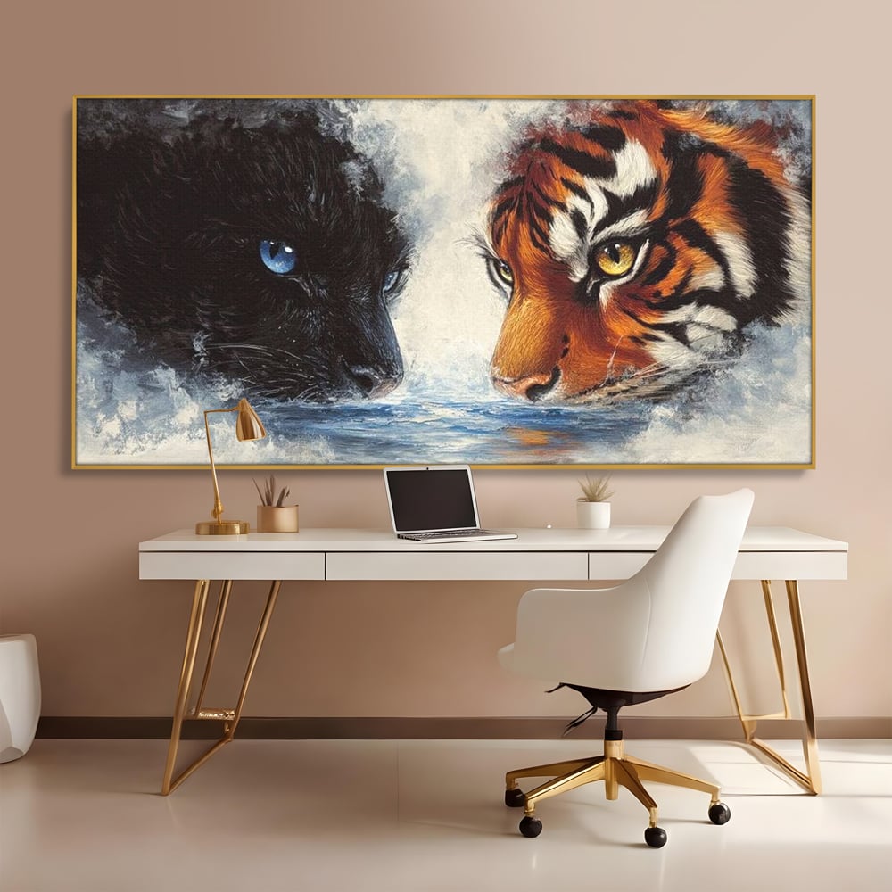 Tablou Canvas Premium, LuxCanva® M1222, Rivali in Oglinda, Pantera, Tigru, Feline, Apa, Valuri, Contrast, Reflexie, Forta, Duel, Rivalitate, Lupta, Birou, Living, Camera Copil