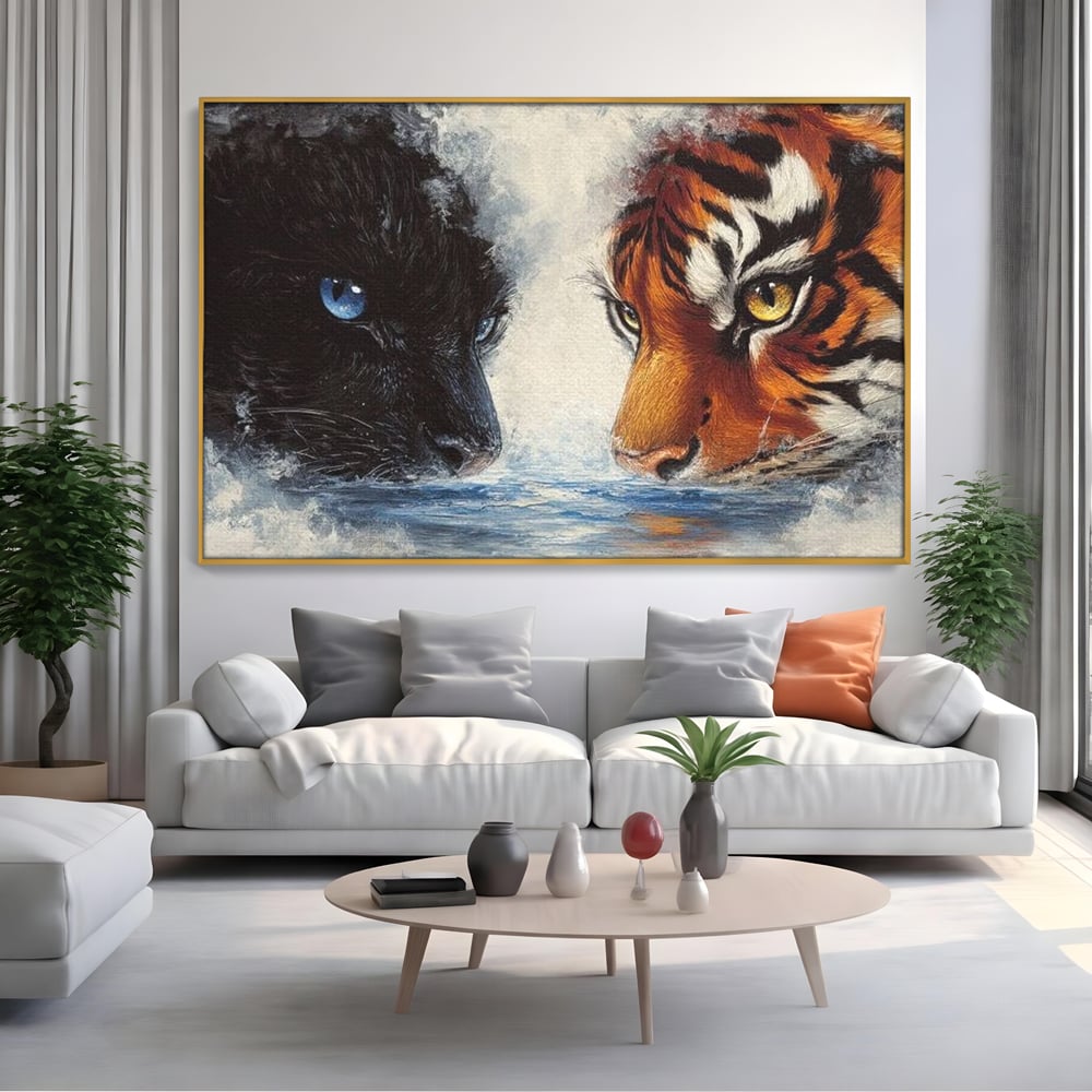 Tablou Canvas Premium, LuxCanva® M1222, Rivali in Oglinda, Pantera, Tigru, Feline, Apa, Valuri, Contrast, Reflexie, Forta, Duel, Rivalitate, Lupta, Birou, Living, Camera Copil