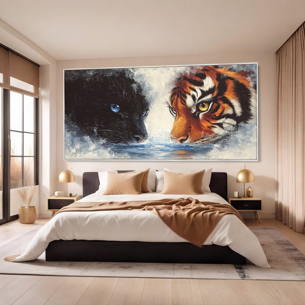 Tablou Canvas Premium, LuxCanva® M1222, Rivali in Oglinda, Pantera, Tigru, Feline, Apa, Valuri, Contrast, Reflexie, Forta, Duel, Rivalitate, Lupta, Birou, Living, Camera Copil