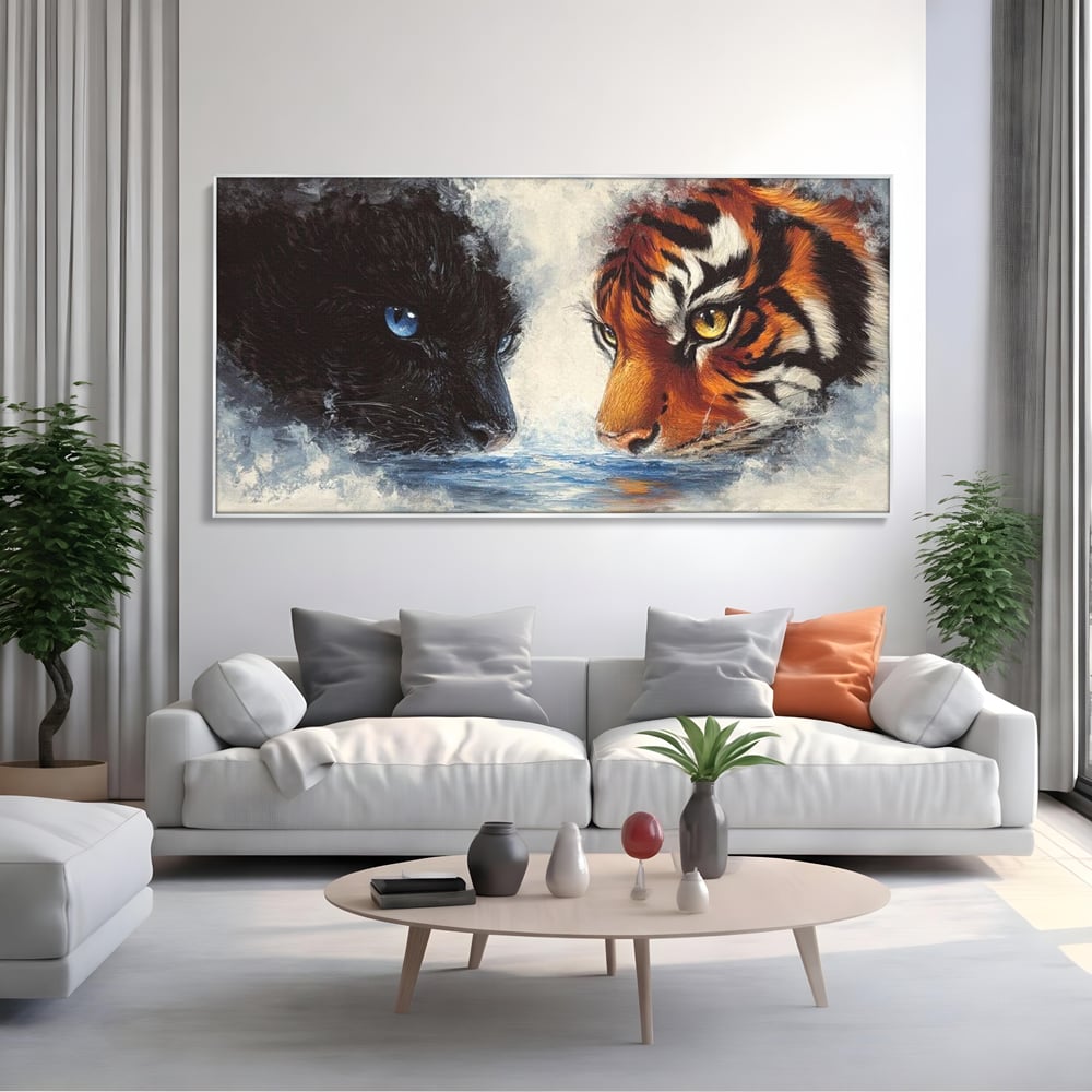 Tablou Canvas Premium, LuxCanva® M1222, Rivali in Oglinda, Pantera, Tigru, Feline, Apa, Valuri, Contrast, Reflexie, Forta, Duel, Rivalitate, Lupta, Birou, Living, Camera Copil