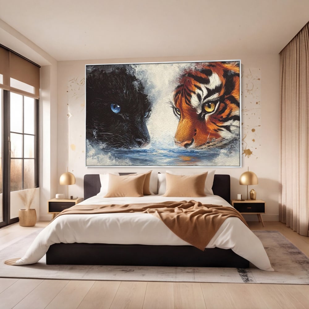 Tablou Canvas Premium, LuxCanva® M1222, Rivali in Oglinda, Pantera, Tigru, Feline, Apa, Valuri, Contrast, Reflexie, Forta, Duel, Rivalitate, Lupta, Birou, Living, Camera Copil
