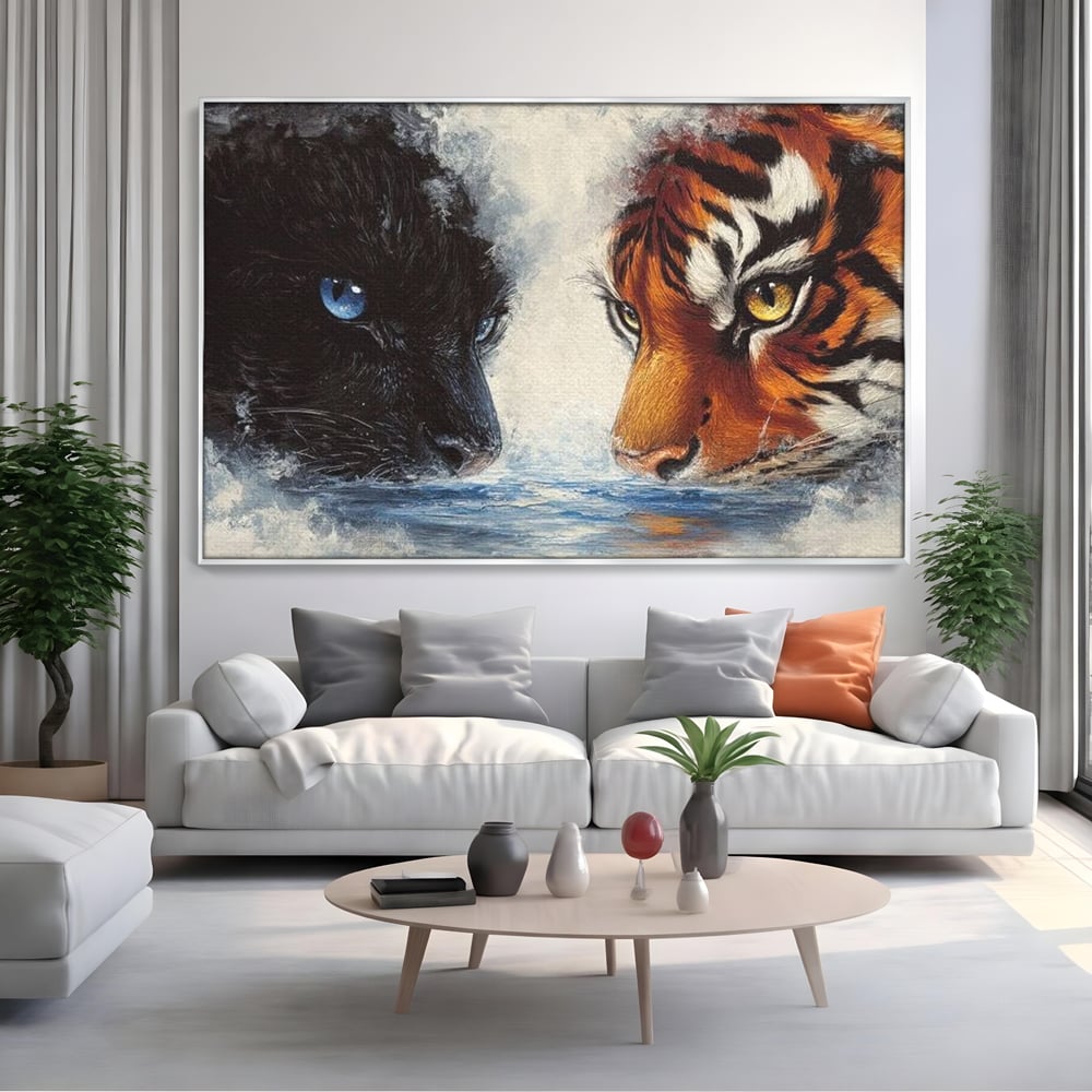 Tablou Canvas Premium, LuxCanva® M1222, Rivali in Oglinda, Pantera, Tigru, Feline, Apa, Valuri, Contrast, Reflexie, Forta, Duel, Rivalitate, Lupta, Birou, Living, Camera Copil