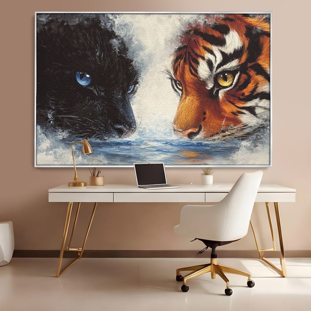 Tablou Canvas Premium, LuxCanva® M1222, Rivali in Oglinda, Pantera, Tigru, Feline, Apa, Valuri, Contrast, Reflexie, Forta, Duel, Rivalitate, Lupta, Birou, Living, Camera Copil