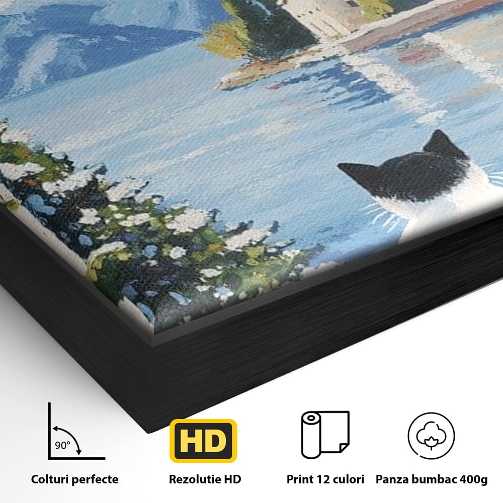 Tablou Canvas Premium, LuxCanva® M1224, Pisica si Domurile de Aur, Iarna, Biserica, Munte, Peisaj, Lac, Brad, Globuri, Fereastra, Priveliste, Meditatie, Birou, Living, Camera Copil